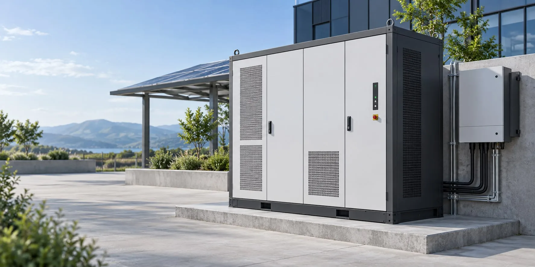 Energiespeicheranlage im Freien auf einem Firmengelände, dahinter ein Bürogebäude und ein Solar-Carport