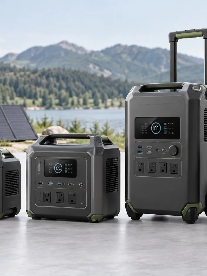 Mehrere mobile Stromversorgungsgeräte nebeneinander im Freien, daneben ein aufgestelltes Solarmodul